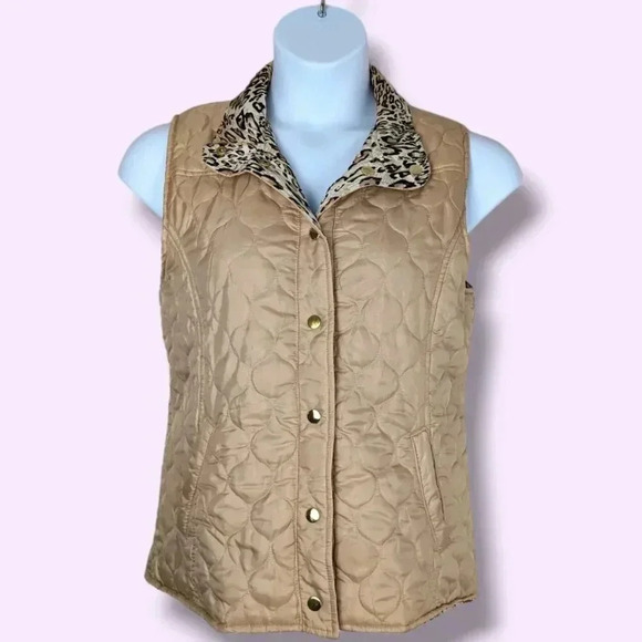 Reversible Beige/Cheetah Print Puffy Vest - Picture 1 of 8
